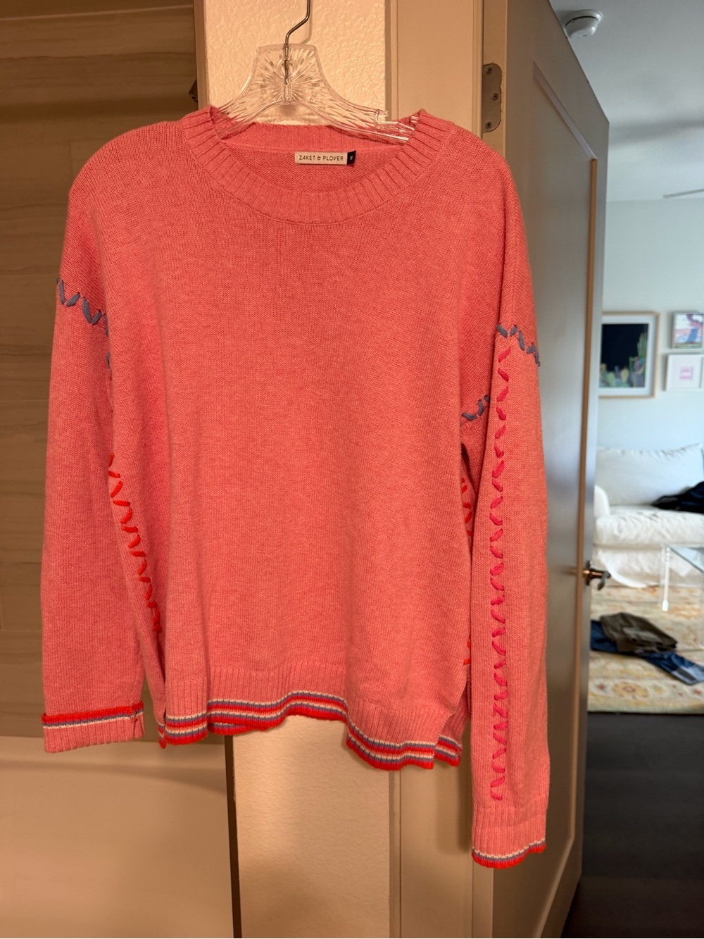 Zac & Rachel Coral Crewneck Sweater with Stripe Trim